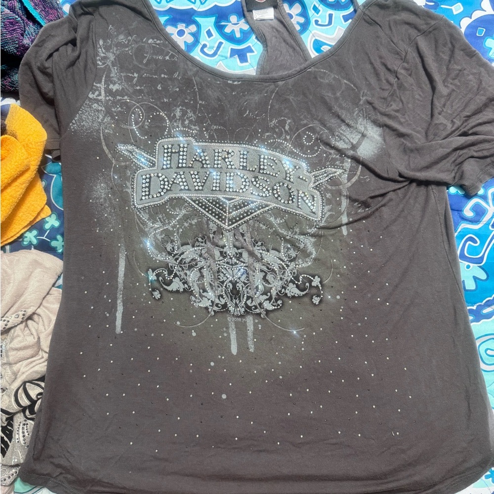 Harley-Davidson Gray Graphic Short Sleeve Blouse